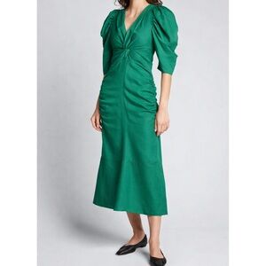 Proenza Schouler Shirred Ruched Viscose Linen Emerald Midi Dress